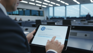 Membro do Parlamento Europeu usando tablet com recursos de IA embarcada