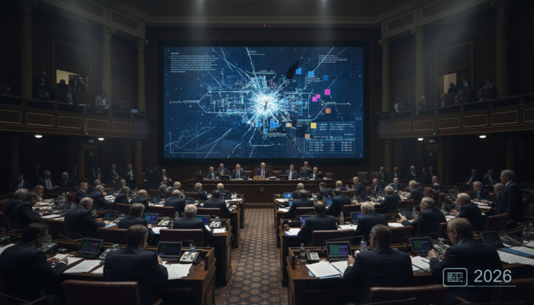 Congresso debatendo inteligência artificial com um telão fragmentado