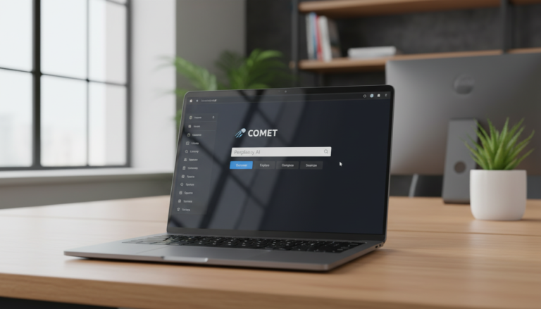 Tela do navegador Comet da Perplexity em um laptop