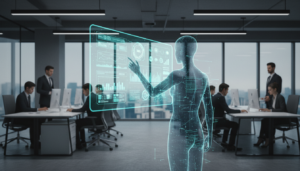 Escritório corporativo com agente de IA interagindo com tela holográfica de automação.