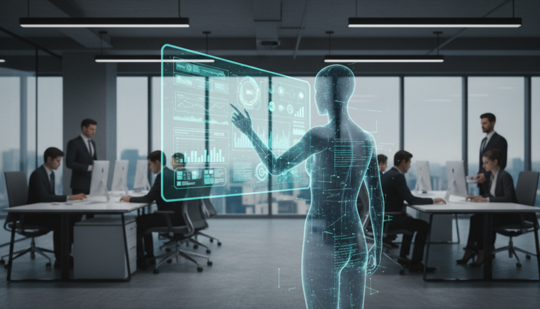 Escritório corporativo com agente de IA interagindo com tela holográfica de automação.