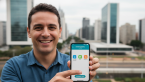 Homem usando o novo Curitiba App em um smartphone.