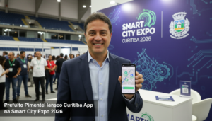 Prefeito Eduardo Pimentel lança o novo Curitiba App com inteligência artificial na Smart City Expo Curitiba 2026.