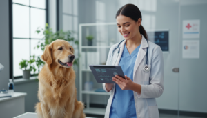 Veterinária utilizando inteligência artificial para analisar a saúde de um pet.