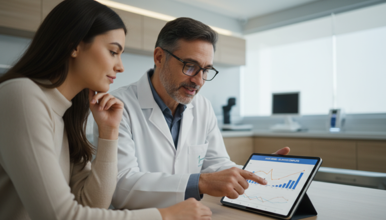 Veterinário e tutor analisando dados de saúde de pet em tablet com tecnologia de IA