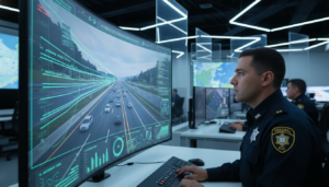 Policial rodoviário federal monitora imagens de tráfego com inteligência artificial em centro de controle.