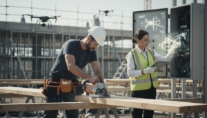 Trabalhadores da construção civil utilizando ferramentas manuais em canteiro de obras moderno, demonstrando profissões menos ameaçadas pela inteligência artificial.