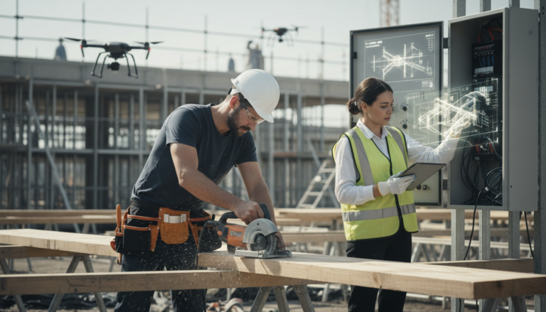 Trabalhadores da construção civil utilizando ferramentas manuais em canteiro de obras moderno, demonstrando profissões menos ameaçadas pela inteligência artificial.