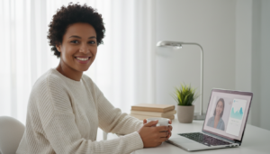 Mulher sorrindo durante sessão de psicoterapia online com uso de IA