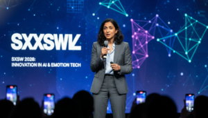 Rana el Kaliouby palestrando no SXSW 2026 sobre o futuro da inteligência artificial