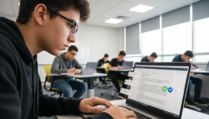 Estudante utilizando a plataforma Redação Paraná com correção por inteligência artificial em um laptop.
