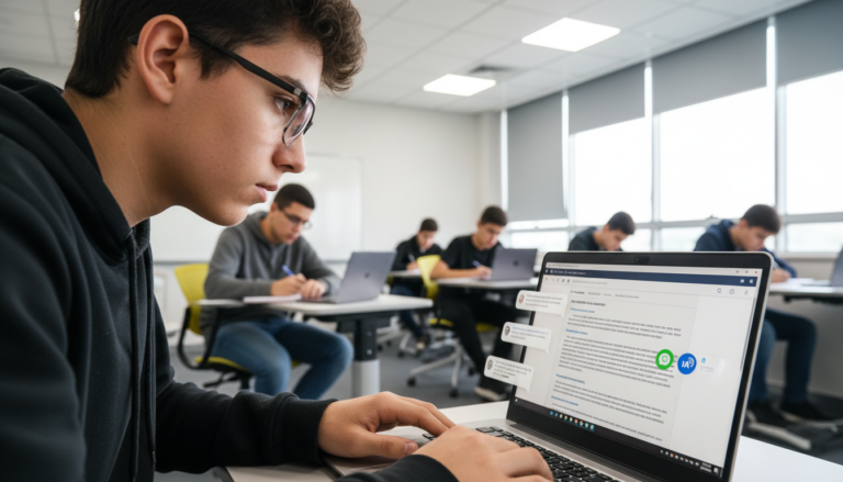 Estudante utilizando a plataforma Redação Paraná com correção por inteligência artificial em um laptop.