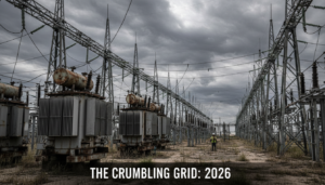 Subestação de energia elétrica antiga nos EUA com transformadores e linhas de transmissão.