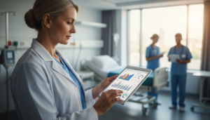 Médica analisando dados de saúde em tablet com tecnologia de IA