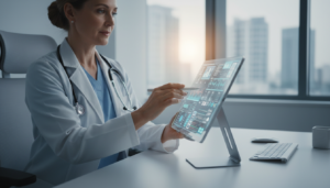 Médica utilizando tecnologia de inteligência artificial em consultório moderno