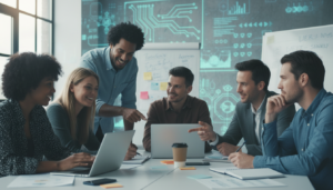 Pessoas interagindo em um ambiente de aprendizado, simbolizando a conexão humana no futuro do trabalho.
