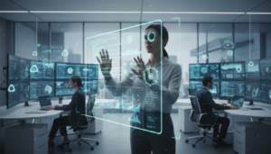 Profissional interagindo com interface de IA da SAP em ambiente de escritório moderno