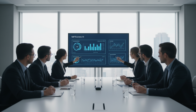 Executivos colaborando em uma sala de reunião moderna com visualização de dados do SAP Business AI