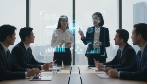 Executivos colaborando com IA em uma sala de reunião moderna, analisando dados em projeções holográficas.
