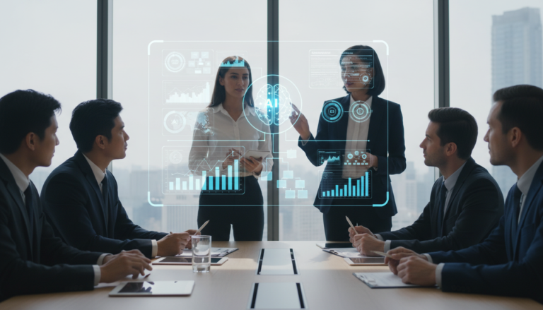 Executivos colaborando com IA em uma sala de reunião moderna, analisando dados em projeções holográficas.