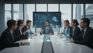 Executivos colaborando em uma sala de reuniões moderna com IA e hologramas, discutindo dados em tempo real.