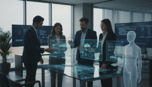 Profissionais colaborando com IA em um escritório moderno em 2026 com interfaces holográficas.