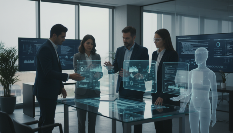 Profissionais colaborando com IA em um escritório moderno em 2026 com interfaces holográficas.