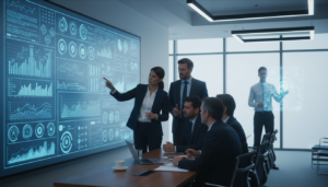 Executivos colaborando com IA em sala de reuniões moderna em 2026