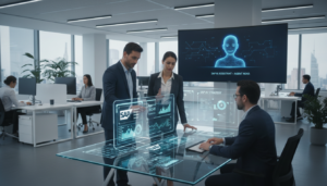 Executivos interagindo com interfaces de IA da SAP em um escritório moderno em 2026