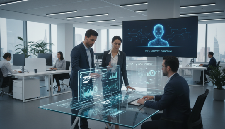 Executivos interagindo com interfaces de IA da SAP em um escritório moderno em 2026