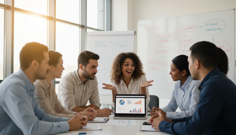 Empreendedores e equipe da SATC discutindo o uso de Inteligência Artificial em startup.