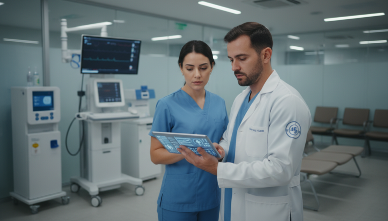Médicos analisando dados de inteligência artificial em um tablet em hospital mineiro.