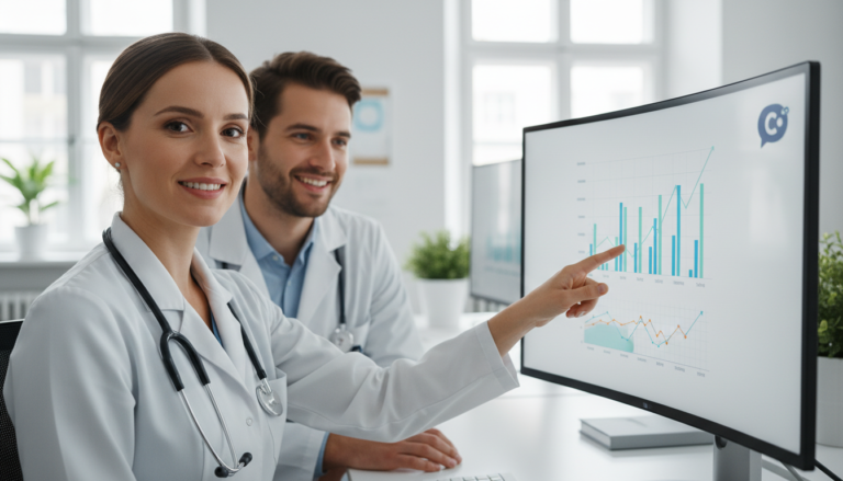 Profissional de saúde demonstrando plataforma de Inteligência Artificial para atendimento ao cidadão.