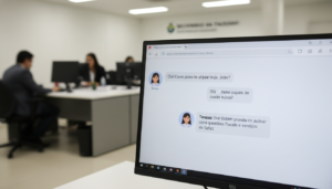Interface da assistente virtual Teresa da Sefaz em um monitor, demonstrando atendimento moderno com inteligência artificial.