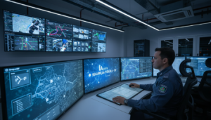 Profissional da segurança pública do DF em sala de controle analisando dados em telas com inteligência artificial