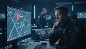 Policiais monitoram agressores por meio de inteligência artificial em tela de alta tecnologia.