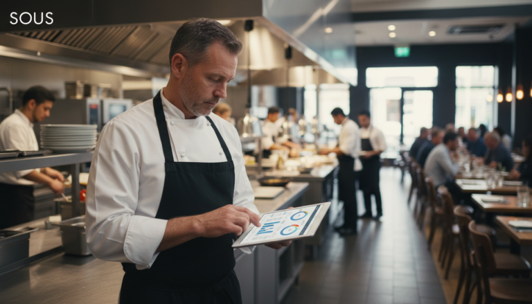 Chef analisando dados de vendas em tablet em restaurante moderno.
