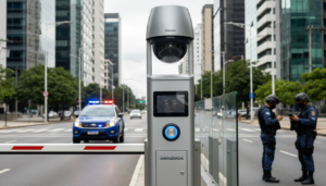 Câmera de segurança com inteligência artificial e totem de emergência em ação no Piauí para reduzir roubos.