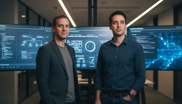 Cofundadores da startup de IA jurídica Harvey, Winston Weinberg e Gabe Pereyra, em escritório moderno