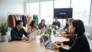 Equipe da Stitch Fix colaborando em escritório com foco em tecnologia e moda