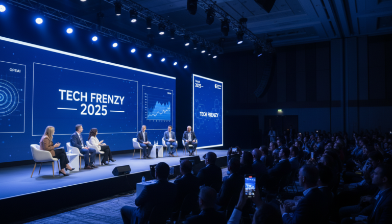 Executivos de empresas de tecnologia no palco do evento Tech Frenzy 2025 discutindo avanços em IA.