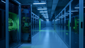 Sala de servidores de data center com iluminação azul e verde, representando a infraestrutura de IA.