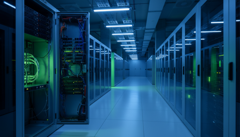 Sala de servidores de data center com iluminação azul e verde, representando a infraestrutura de IA.