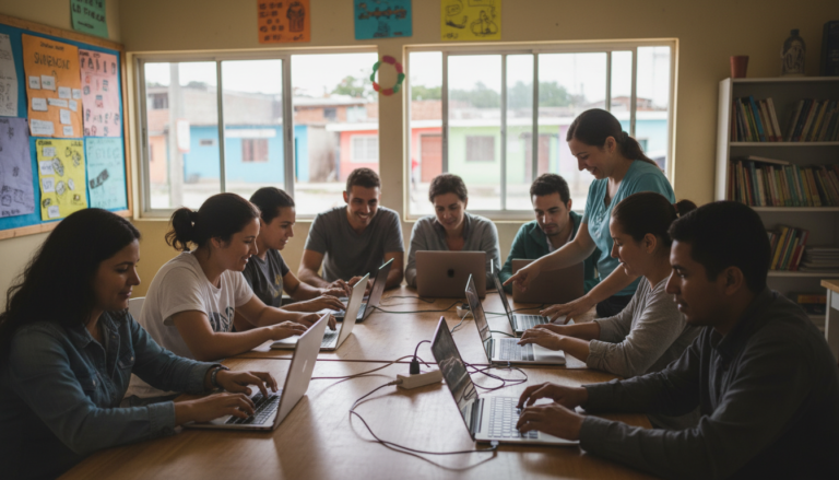 Pessoas em um centro comunitário utilizando tecnologia de inteligência artificial para aprendizado e transformação social.