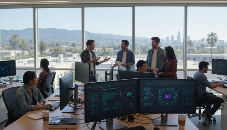 Escritório moderno da Tess AI no Vale do Silício, com equipe colaborando em projetos de inteligência artificial.