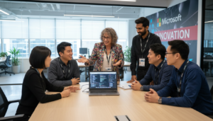 Funcionários não técnicos da Microsoft colaborando em ferramentas de IA.