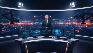 Estúdio de inteligência artificial do Times Brasil CNBC com apresentador e tecnologia avançada.