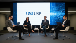 Palestrantes em evento online da USP discutindo otimização, inteligência artificial e internet das coisas.