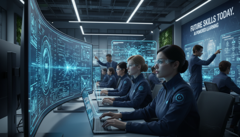 Trabalhadores em centro de treinamento de alta tecnologia em 2026, aprendendo sobre IA.