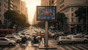 Cruzamento em São Paulo com painel de inteligência artificial monitorando o trânsito.